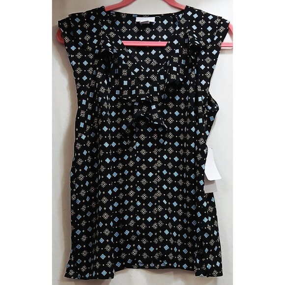 NWT! Claiborne Women's Small Blueo Geometric Ruffle V-Neck Sleeveless Blouse - Picture 1 of 6